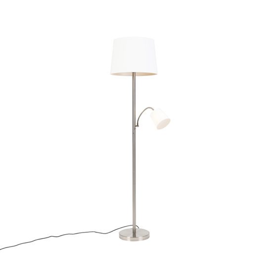 Klasická stojaca lampa z ocele s bielym tienidlom a svetlom na čítanie – Retro