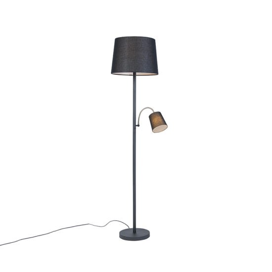 Klasická stojaca lampa čierna s čiernym tienidlom a svetlom na čítanie – Retro