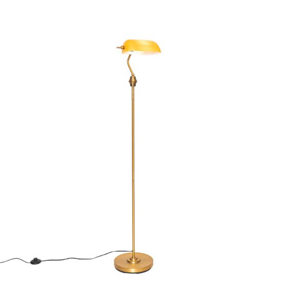 Klasická notárska stojaca lampa bronzová s jantárovým sklom – Banker