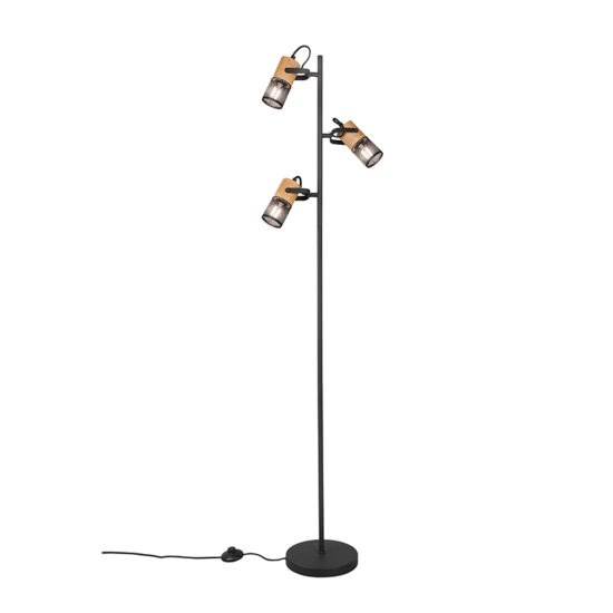 Priemyselná stojaca lampa čierna s dreveným 3-svetlom – Manon